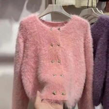 Women Warm Faux Fur Knitted Jumper Sweater Short Cardigan Fluffy Coat Knitwear 