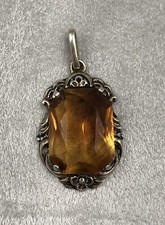 Antik Jugendstil 2 ct Citrin Silber Anhänger Kette Edelstein 1,7 cm Ornament