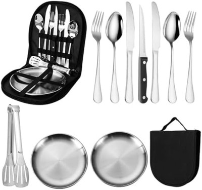 Set posate da campeggio, 11 pezzi set pic nic 2 persone, portaposate da viaggio con piatti e posate in acciaio inox, campeggio accessori (2 persone, Multicolore