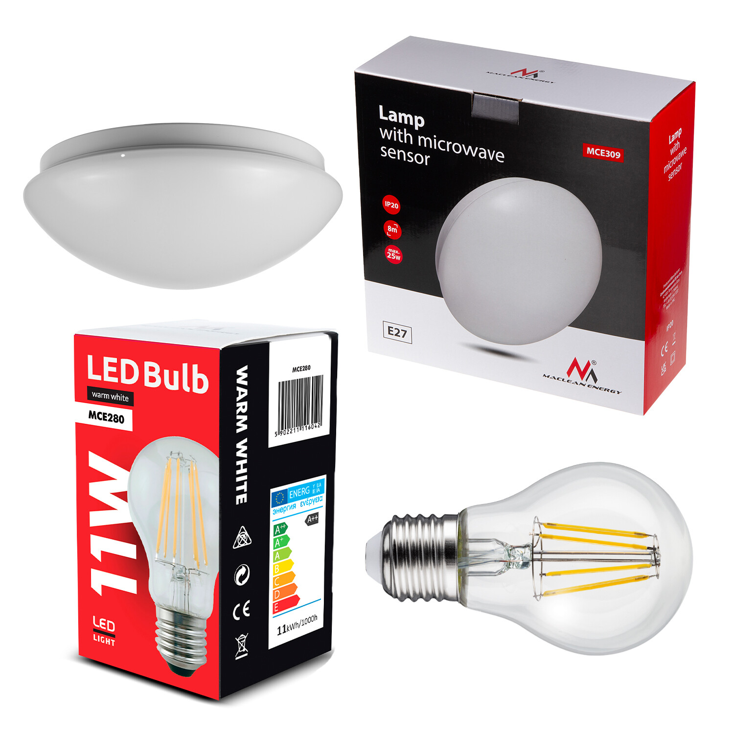 Plafonnier détecteur de mouvement Maclean MCE309 avec douille E27 pour ampoule LED