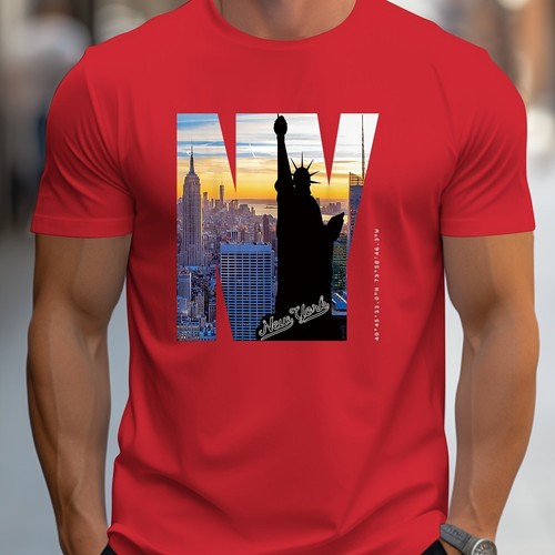 Camiseta creativa estampada con patrón de NY para hombre, informal manga corta cuello redondo, - Imagen 10 de 100