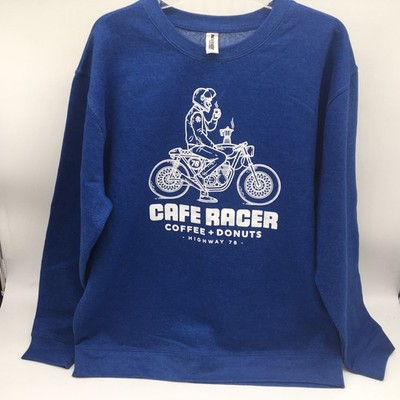 Cafe Racer-  Motorcycle Blue Crew Neck Sweatshirt Coffee Donuts XL Biker Racing