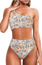 Women  s Large One Shoulder Bikini With Cutout Higher Waist Orange Purple Floral