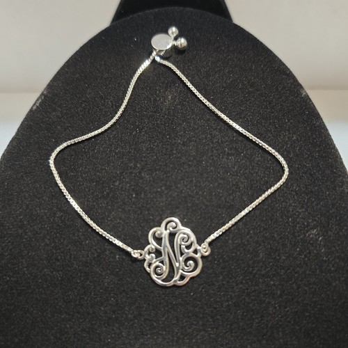 DESIGNER IBB Sterling Silver N Monogram Initials Box Chain Bracelet Adjustable