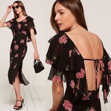 Reformation Angel Miranda Pink Black Floral Print Midi Dress 4 NWT Rare