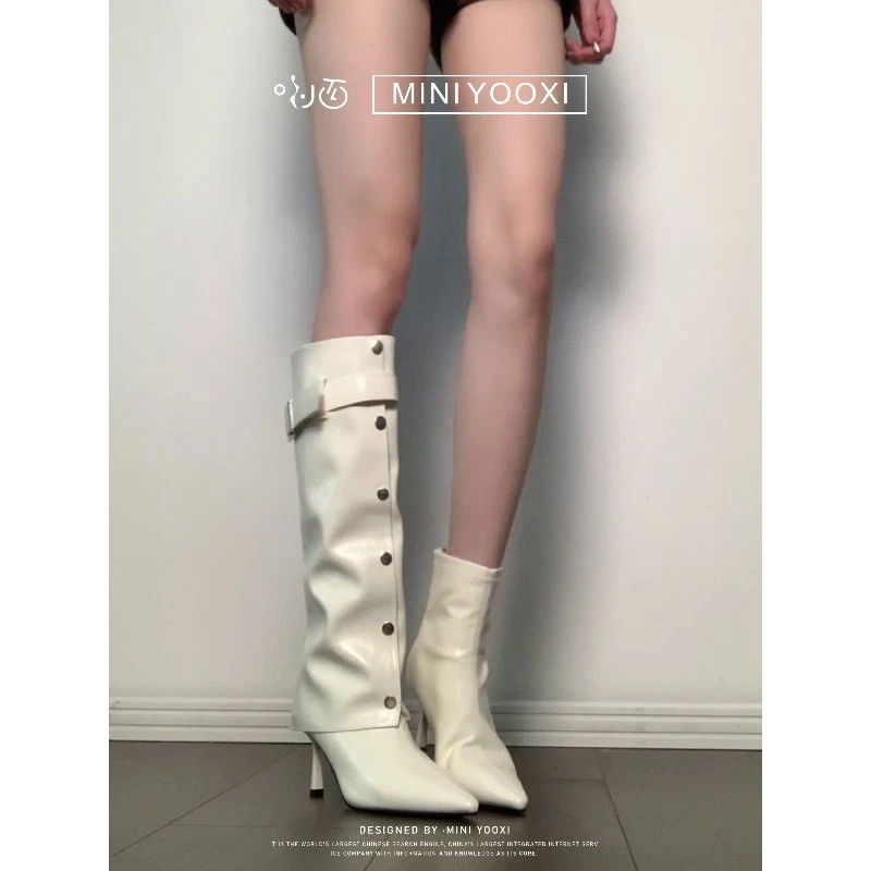 Sexy Mujeres Cuero Tacones Altos Cuero Vaca Botas Largas Punta Cinturón Hebilla Botas - Imagen 2 de 4