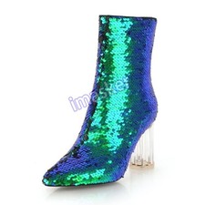 Womens Sequin High Heel Pointed Toe Zip Ankle Boots Casual Prom Club Party Shoes