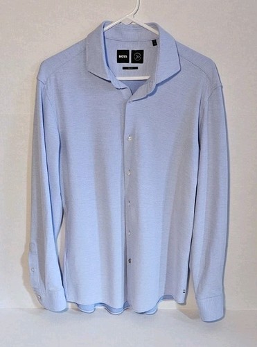 Hugo Boss Performance Shirt Mens L Blue Slim Fit Button Up Long Sleeve