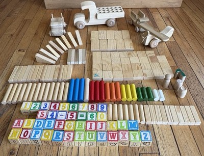Playskool Wooden Toy Building Blocks All Shapes Sizes Colors + Plane & Trucks