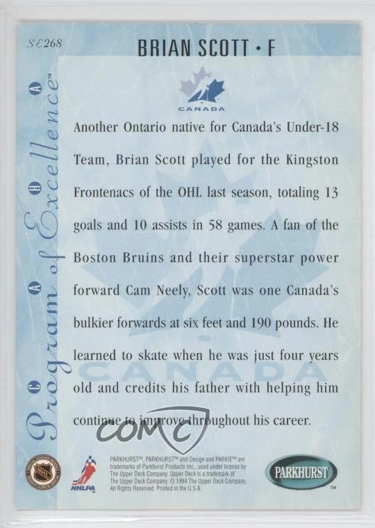1994-95 Parkhurst SE Brian Scott #SE268 Rookie RC - Image 2 of 2