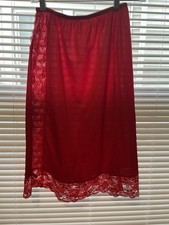Vintage Red Nylon Antron Satin Shiny Half Slip Wide Lace Trim Flower