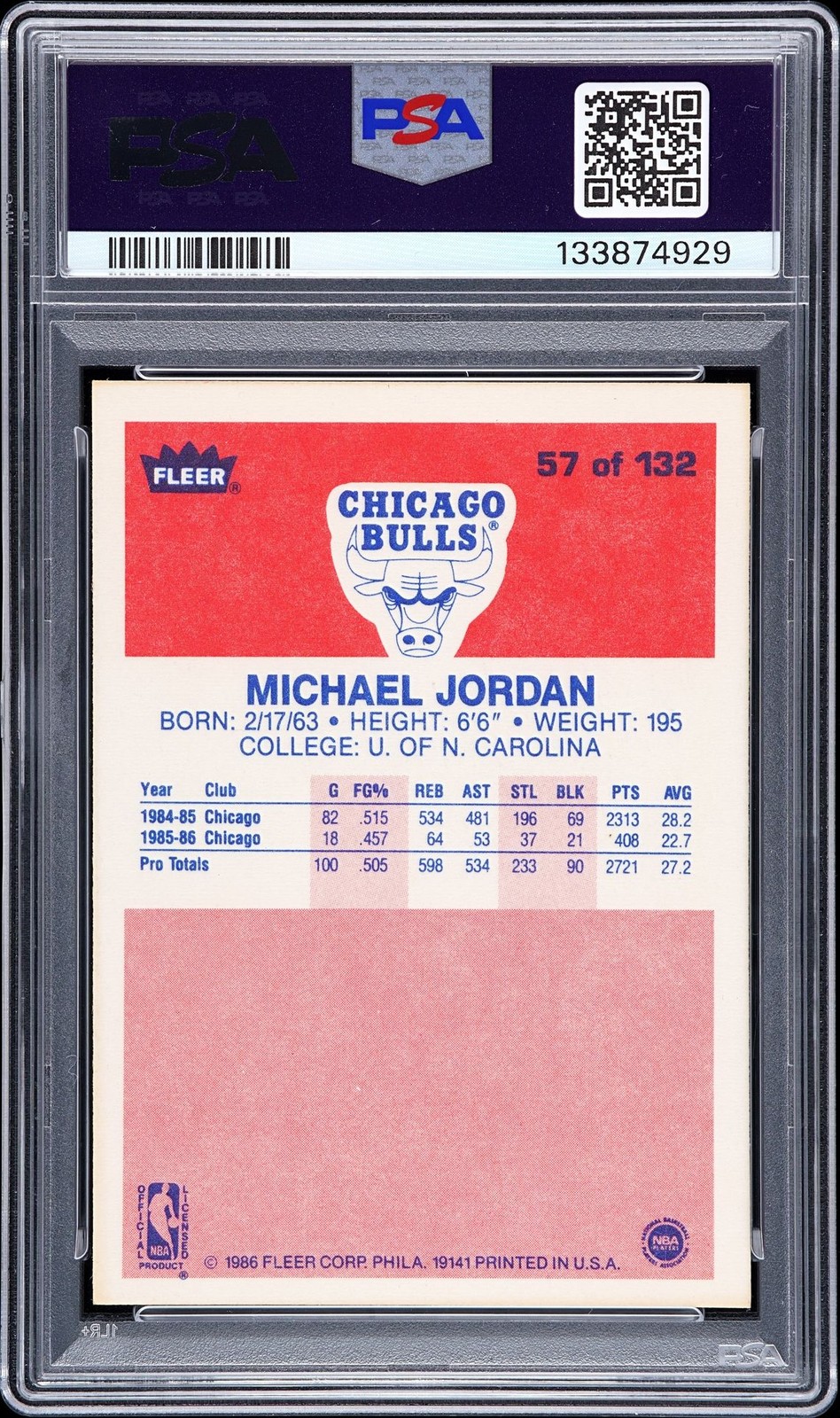 1986 FLEER #57 MICHAEL JORDAN ROOKIE RC PSA 6.5 view 2