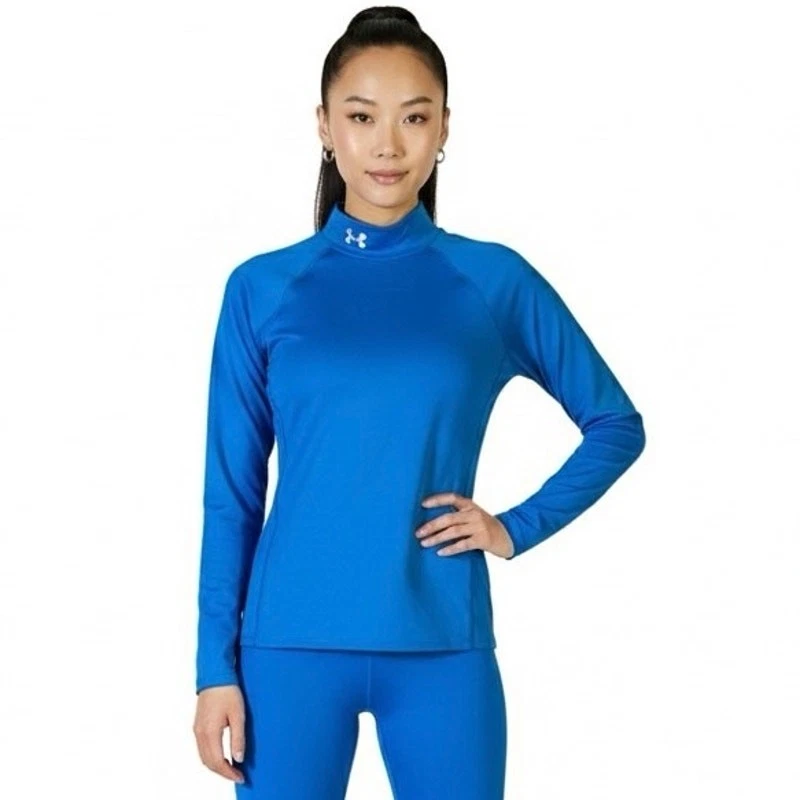 Under Armour ColdGear Fitted Mock Neck Top Womens M Blue Thermal Athleisure