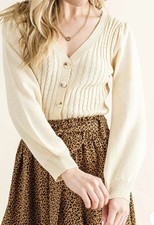 Women s Long Sleeve V Neck Button Up Knit Bodysuit S/M Creme Color