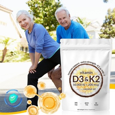 Vitamin D3 10000 IU plus K2 (MK-7) 200 MCG, 300 Jungfrau Kokosnussöl Weichgele.