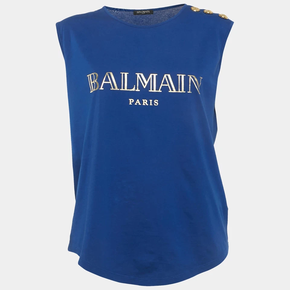 Débardeur en coton imprimé logo bleu Balmain M - Photo 1/4