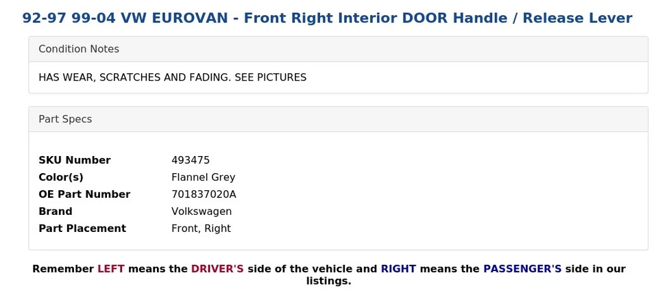 92-97 99-04 VW EUROVAN - Manija de puerta interior delantera derecha / Palanca de liberación Foto 4 de 4