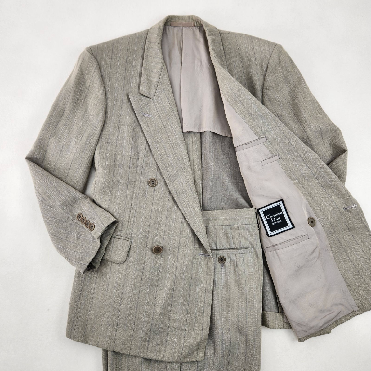 Christian Dior MONSIEUR Double Breasted Stripe Suit Gray Wool 48