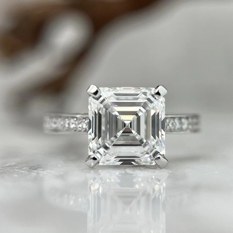 3.15 TWC Asscher Cut Moissanite Classic Engagement Ring 14k White Gold Plated - Image 3 of 4