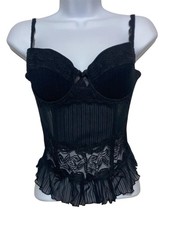 Womens Bustier Corset Top Size Large Black Lace Mesh Ruffle Boudoir Neglige