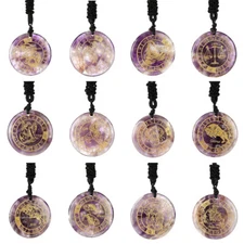 12 Constellation Amethyst Tiger Eye Necklace Natural Crystal Stone Carve Pendant