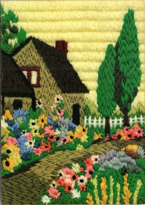 Cottage Garden With Colorful Flowers And Trees Embroidered Yarn Art Postcard