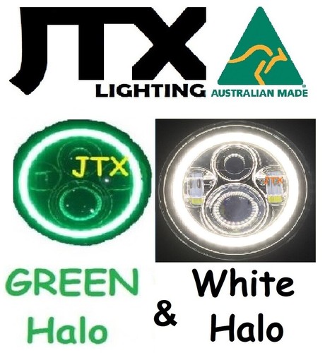 JTX 1 pair 7" LED Headlights with Green and White Halo Angel Eye DRL - Picture 1 of 12