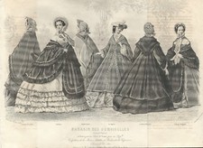 Stampa antica MODA FRANCESE DONNE con ABITI ESTIVI 1861 Old Antique print