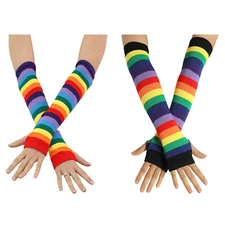 2 Pairs Women's Girls Long Fingerless Arm Gloves Rainbow Color Mittens Sleeve