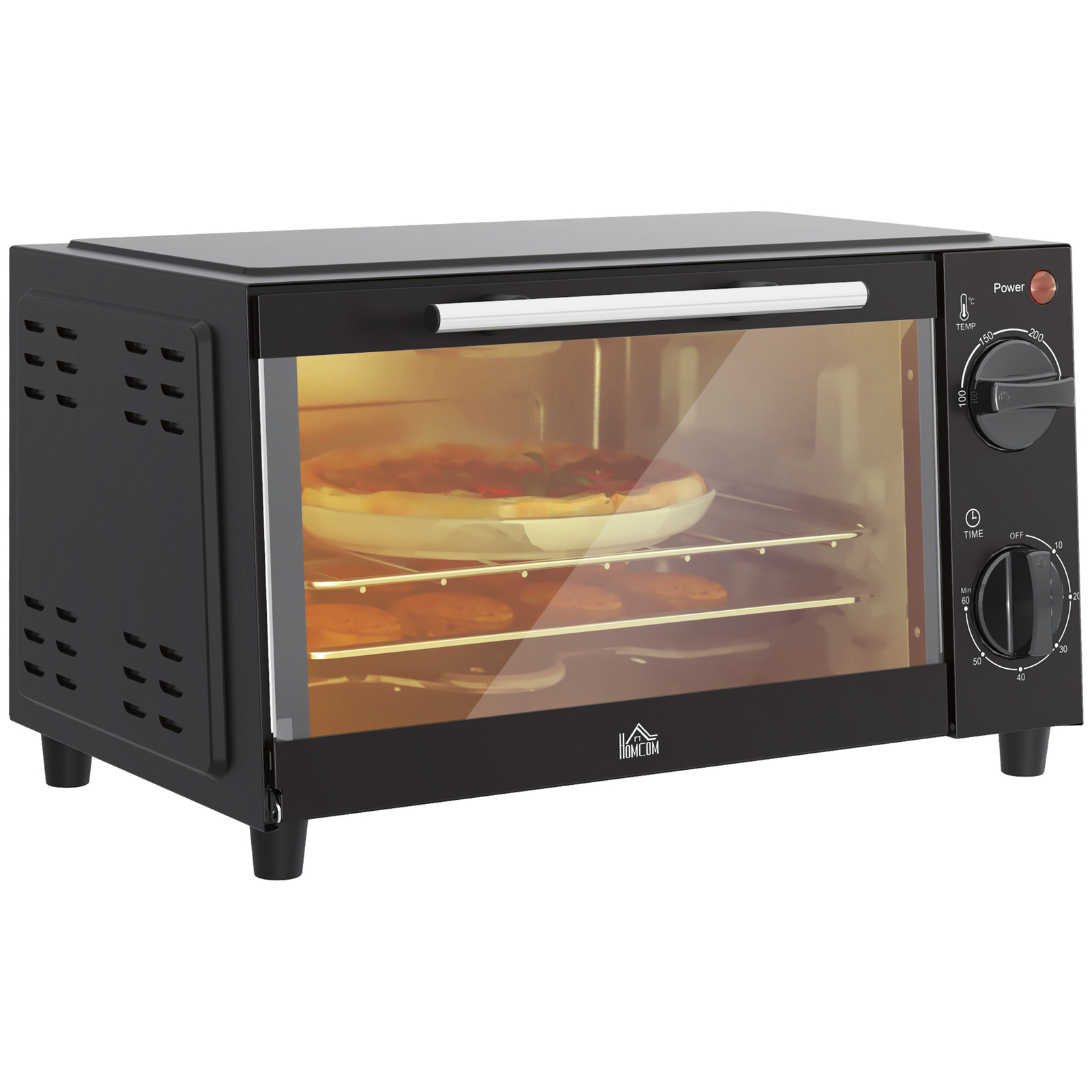 HOMCOM Mini four 10 litres 750W Petit four électrique avec température jusqu'à 230 ℃ Minuterie 60 minutes Plaque de cuisson et grille 36,5x26x22 cm Noir