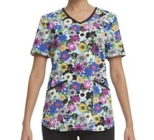 Scrubstar Fun Floral Print V-Neck Scrub Top Black Trim Pockets NWT Free Shipping