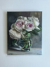 Pink roses bouquet in cobalt blue vase still life bright oil painting 10x12