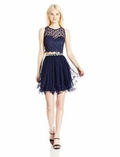 My Michelle Sequin Hearts Junior's Two Piece Short Prom Dress Lace Blue Size 5