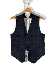 Men’s Barque Navy Multicolor Weave Plaid Tartan Wool Edwardian Vest Small Tweed