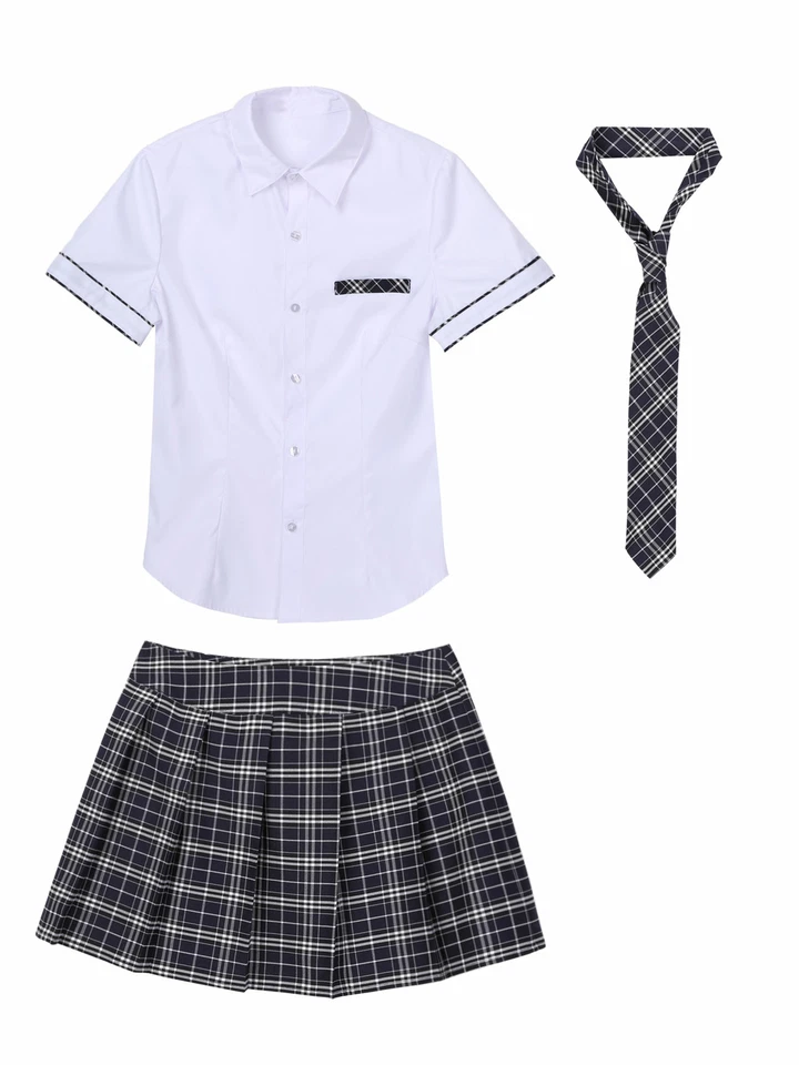 Sexy Women School Girl Uniform Outfit Plaid Skirt Cosplay Costume Fancy Dress - Image 4 of 4