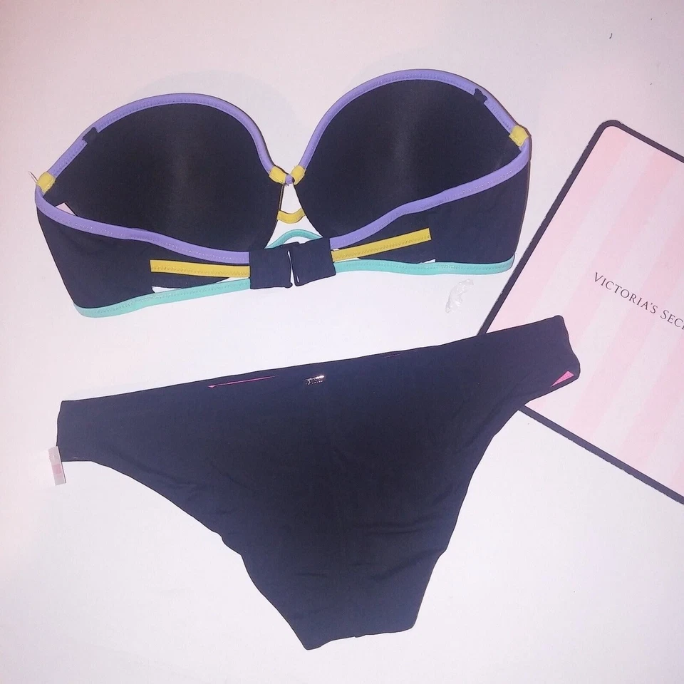 Bikini de natación Victoria Secret 34B parte superior parte inferior pequeña negro bandeau push up sin tirantes Foto 3 de 4