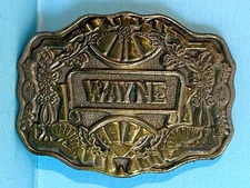 Vintage 1970’s "WAYNE" Brass Belt Buckle Oden Inc 3" x 2.25" fits 1.75" 