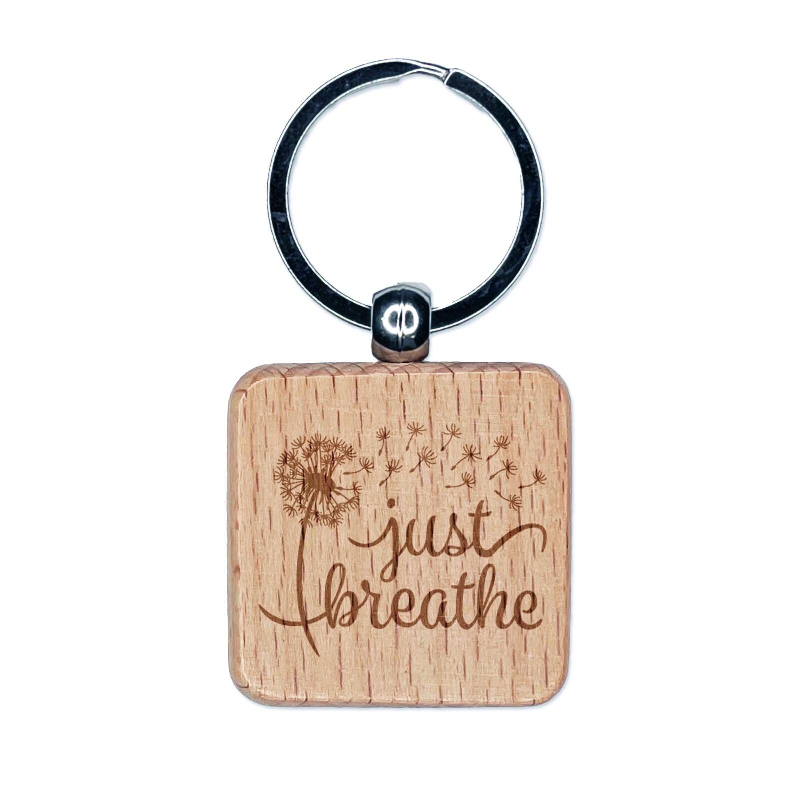 Inspirational Dandelion Just Breathe Engraved Wood Square Keychain Tag Charm