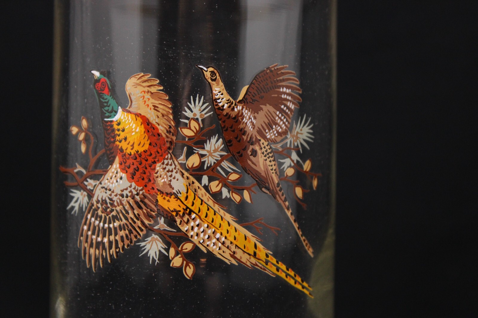 VINTAGE Tall Glass Cocktail Martini Pitcher Pheasants, Gold Band 7 3/4" Tall EUC