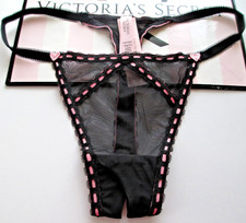 VICTORIA'S SECRET DREAM ANGELS Pink Ribbon Black Open String Thong Panty M L XL