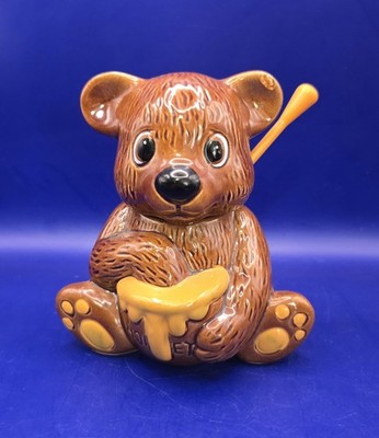 Vintage Ceramic Brown Bear Honey Jar w/Removable Head & Honey Dipper ~ Taiwan 