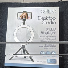 Iconic Desktop Studio 8" LED Ring Light Tripod Stand Phone Mount USB 3 Modes