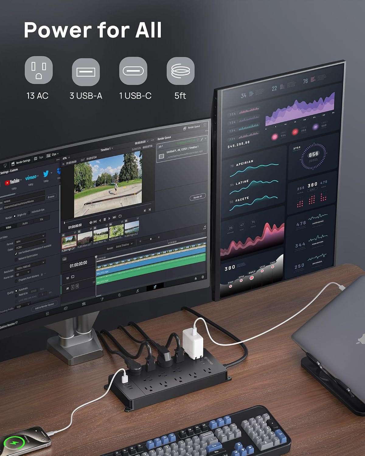 TROND Surge Protector Power Strip, 4000 Joules, ETL Listed, 13 Widely-Spaced Out