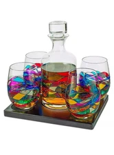 Renaissance Stained Glass Wine Decanter Glasses, Set of 5