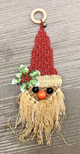 Vintage Handmade Christmas Macrame Jute Santa Wall Hanging Wood Beads Holly