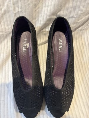 Vaneli Womens Warp Black Suede Wedge Peep Toe Mesh Pump Shoes Size 8