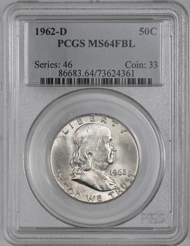 1962-D  50C FRANKLIN SILVER HALF DOLLAR  PCGS MS64 FBL #73624361 FULL BELL LINES
