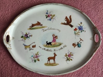 RARE 1881 Antique German Porcelain Presentation Tray - Hand Painted - Dated