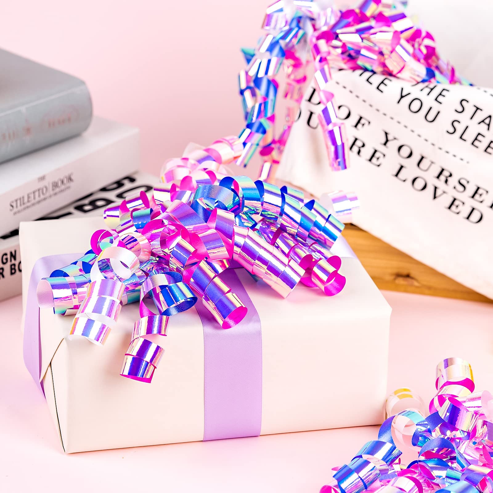 Holographic Gift Wrap & Metallic Bow Set for Birthday, Valentine's, Mother's Day