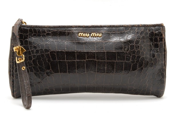 Miu Miu Croc Embossed Patent Leather Wristlet Clutch Bag Dark Brown Gold